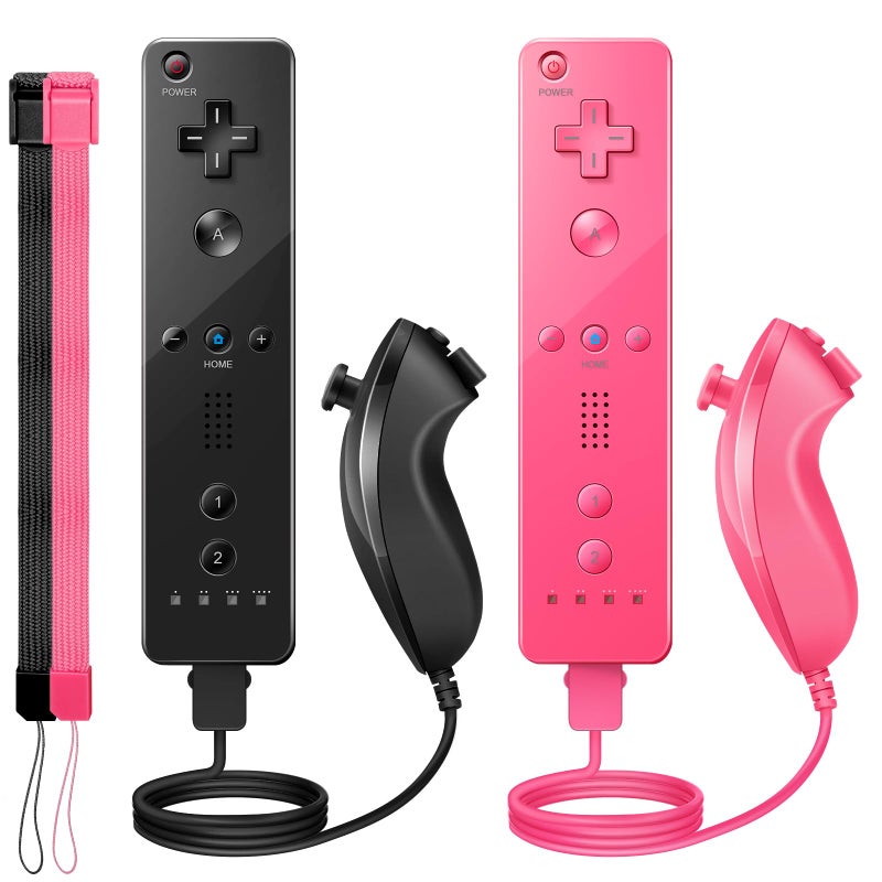 PGYFDAL Wii Controller 2 Pack, Wii Remote Controller and Nunchuck Joystick with Silicone Case and Wrist Strap for Holiday (Black and Pink) - Image 1